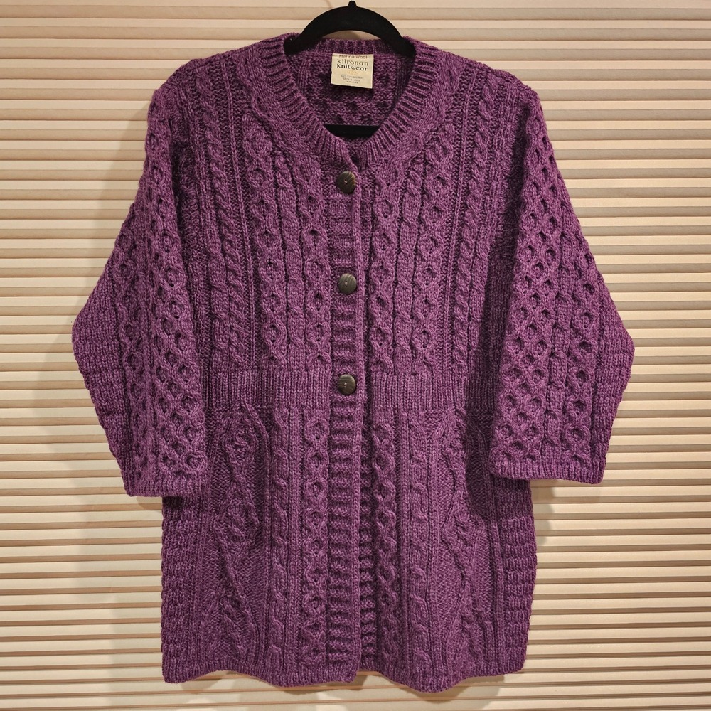Kilronan Knitwear Purple Merino Wool Aran Cable Knit Cardigan Sweater Ireland M